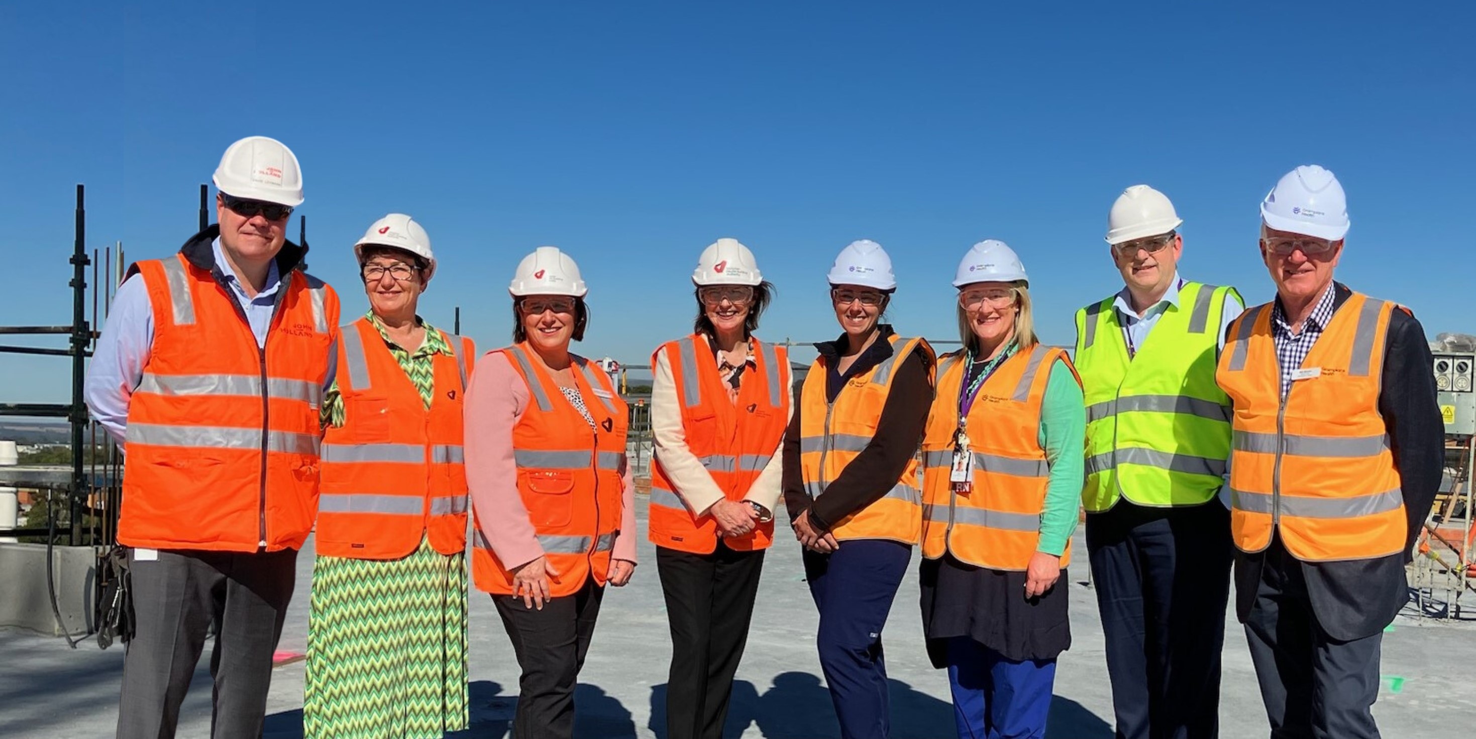 John Holland Executive General Manager Building David Lehmaan, Member for Eureka Michaela Settle, Member for Wendouree Juliana Addison, Minister for Health Mary-Anne Thomas, Registered Nurse Samantha Brown, Director Education and Training, Nursing and Midwifery Sue Thorpe, Grampians Health CEO Dale Fraser and Chair Bill Brown.