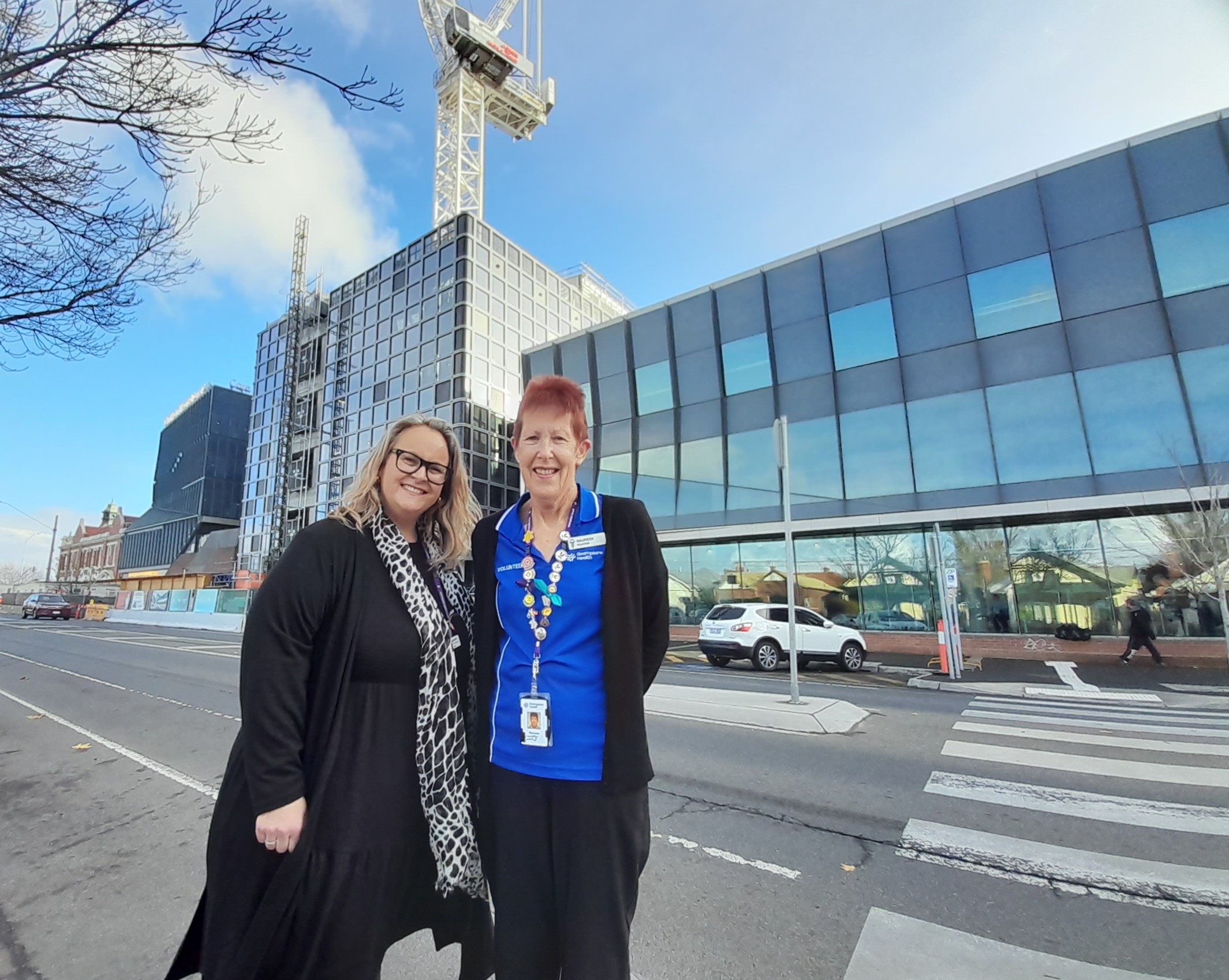 Manager of Volunteer Services for Ballarat and Stawell Leah Ferguson and Maureen Woodford pictured one last time in front of Maureen the Crane before it’s dismantled this weekend. 