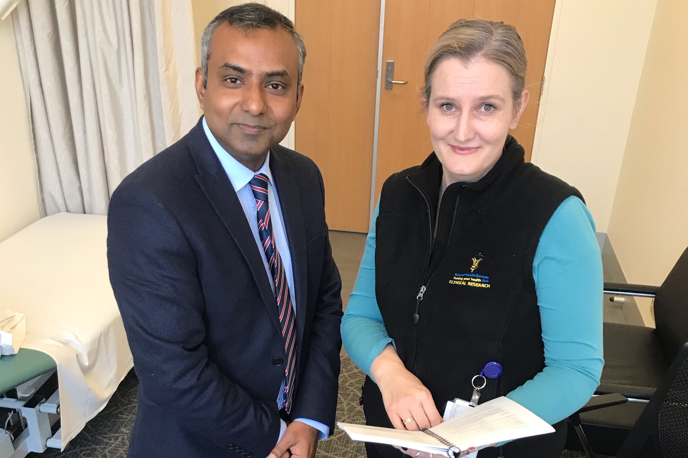 BRICC Medical Oncologist and Principal Investigator Wasek Faisal and Trial Coordinator Rebecca Gurnett from BHS Clinical Trials Unit
